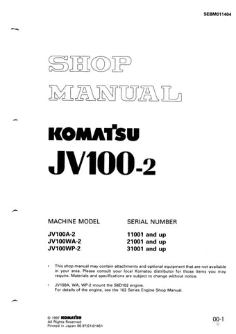 Unlock the full potential of your KOMATSU equipment with the JV100A-2, JV100WA-2, and JV100WP-2 Shop Manual (SEBM011404) in PDF format. This comprehensive manual provides detailed insights into maintenance, troubleshooting, and repair procedures, ensuring your machinery operates at peak performance. With easy navigation and clear illustrations, you can quickly find the information you need to keep your equipment running smoothly. Invest in this essential resource today and enhance your operational efficienc
