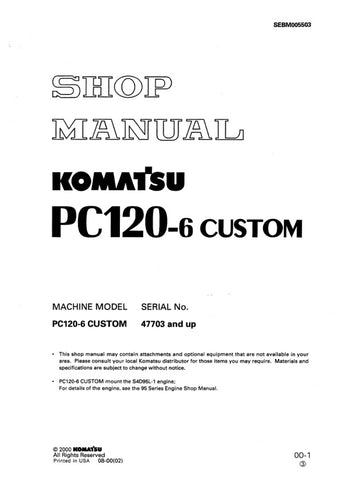 Unlock the full potential of your KOMATSU PC120-6 with the comprehensive SHOP MANUAL SEBM005503, designed specifically for models 47703 and up. This PDF file is an essential resource for operators and technicians alike, providing detailed insights into maintenance, troubleshooting, and repair procedures. With clear diagrams and step-by-step instructions, you can ensure your equipment runs smoothly and efficiently, minimizing downtime and maximizing productivity. Invest in this invaluable manual today and ke