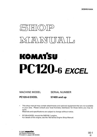 Unlock the full potential of your KOMATSU PC120-6 EXCEL with the comprehensive Shop Manual SEBM010404, designed for models 57499 and up. This PDF file is an essential resource for technicians and DIY enthusiasts alike, providing detailed diagrams, maintenance tips, and troubleshooting guidance to ensure your equipment operates at peak performance. With easy navigation and clear instructions, this manual empowers you to tackle repairs confidently, saving you time and money. Don't miss out on the opportunity 