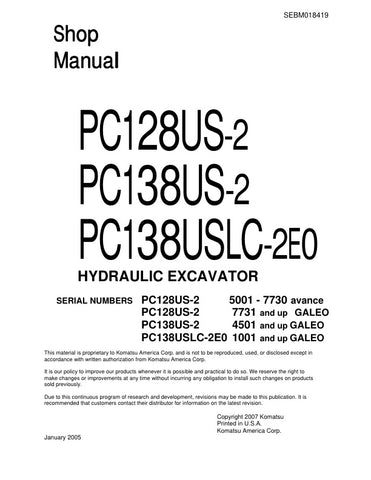 Unlock the full potential of your KOMATSU PC128US-2, PC138US-2, and PC138USLC-2E0 hydraulic excavators with the comprehensive SHOP MANUAL SEBM018419 in PDF format. This essential guide provides detailed schematics, maintenance tips, and troubleshooting advice, ensuring your machinery operates at peak performance. With easy navigation and clear instructions, this manual is an invaluable resource for both seasoned professionals and DIY enthusiasts, helping you save time and reduce costly repairs. Elevate your