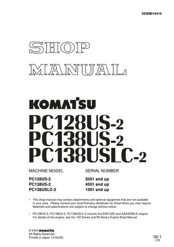 Unlock the full potential of your Komatsu excavator with the KOMATSU PC128US-2, PC138US-2, and PC138USLC-2 Shop Manual (SEBM018419) in PDF format. This comprehensive manual provides detailed insights into maintenance, troubleshooting, and repair procedures, ensuring your machinery operates at peak performance. With easy navigation and clear illustrations, you can quickly find the information you need to keep your equipment running smoothly and efficiently. Invest in this essential resource today and enhance