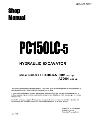 Unlock the full potential of your KOMATSU PC150LC-5 hydraulic excavator with the comprehensive SEBMA021KD500 shop manual, available in a convenient PDF format. This essential resource provides detailed diagrams, maintenance tips, and troubleshooting guidance specifically designed for models 6001 & UP and A70001 & UP. Whether you're a seasoned technician or a DIY enthusiast, this manual ensures you have the knowledge and tools needed to keep your excavator running smoothly and efficiently, ultimately saving 