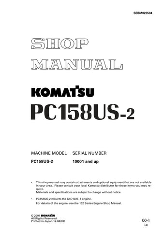 Unlock the full potential of your KOMATSU PC158US-2 with the comprehensive Shop Manual SEBM026504, designed specifically for models 10001 and up. This PDF file is an essential resource for technicians and DIY enthusiasts alike, providing detailed insights into maintenance, troubleshooting, and repair procedures. With clear diagrams and step-by-step instructions, you can ensure your equipment operates at peak performance, saving you time and money on costly repairs. Invest in this invaluable manual today and