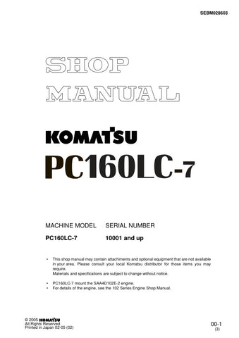 Unlock the full potential of your KOMATSU PC160LC-7 with the comprehensive SHOP MANUAL SEBM028603, designed specifically for models 10001 and up. This PDF file is an essential resource for operators and technicians alike, providing detailed insights into maintenance, troubleshooting, and repair procedures. With clear diagrams and step-by-step instructions, you can ensure optimal performance and longevity of your equipment, making it a must-have for anyone looking to enhance their operational efficiency. Don