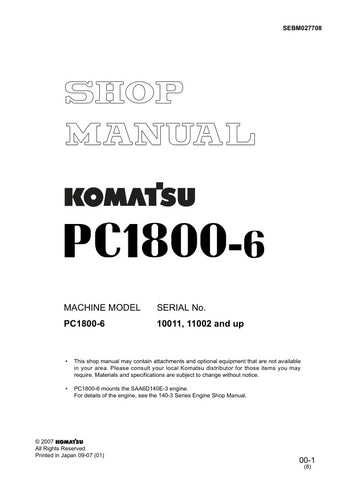 Unlock the full potential of your KOMATSU PC1800-6 with the comprehensive Shop Manual SEBM027708, designed specifically for models 10011, 11002, and up. This PDF file is an essential resource for technicians and operators alike, providing detailed insights into maintenance, troubleshooting, and repair procedures. With clear diagrams and step-by-step instructions, you can ensure optimal performance and longevity of your equipment. Invest in this invaluable manual today and keep your machinery running smoothl