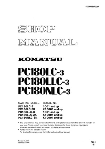 Unlock the full potential of your KOMATSU PC180 series excavators with the comprehensive SHOP MANUAL SEBM021P0304, available in a convenient PDF format. This essential guide covers models PC180LC-3, PC180LC-3K, PC180LLC-3, PC180LLC-3K, PC180NLC-3, and PC180NLC-3K, providing detailed insights into maintenance, troubleshooting, and repair procedures. With easy navigation and clear illustrations, this manual ensures you can keep your machinery running smoothly and efficiently, ultimately saving you time and mo