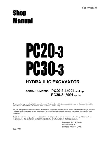 Unlock the full potential of your KOMATSU PC20-3 and PC30-3 hydraulic excavators with the comprehensive SEBM0225C01 shop manual, available in a convenient PDF format. This essential resource provides detailed schematics, maintenance guidelines, and troubleshooting tips, ensuring you can keep your machinery running smoothly and efficiently. Perfect for both seasoned professionals and DIY enthusiasts, this manual is your go-to guide for maximizing performance and minimizing downtime. Invest in your equipment'