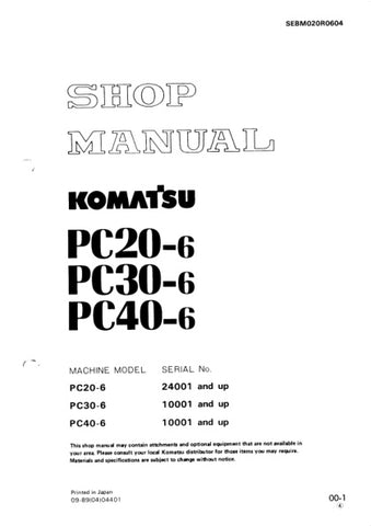 Unlock the full potential of your KOMATSU PC20-6, PC30-6, and PC40-6 excavators with the comprehensive SHOP MANUAL SEBM020R0604, now available as a convenient PDF file. This essential manual provides detailed maintenance guidelines, troubleshooting tips, and repair procedures, ensuring your machinery operates at peak performance. With easy navigation and clear illustrations, you can quickly find the information you need to keep your equipment running smoothly and efficiently. Don't miss out on this invaluab