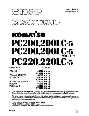  Unlock the full potential of your Komatsu PC200-5, PC200-5LC, PC200LC-5, and PC200LC-5 excavators with the MIGHTY SHOP MANUAL SEBMA2050508 in PDF format. This comprehensive manual is your go-to resource for detailed maintenance, repair procedures, and troubleshooting tips, ensuring your machinery operates at peak performance. With easy navigation and clear illustrations, you'll save time and reduce downtime, making it an essential tool for both professionals and DIY enthusiasts. Invest in your equipment's 