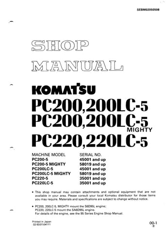 Unlock the full potential of your Komatsu excavator with the KOMATSU PC200-5, PC200LC-5, PC220-5, PC220LC-5 Shop Manual (SEBM02050508) in PDF format. This comprehensive manual provides detailed insights into maintenance, troubleshooting, and repair procedures, ensuring your machinery operates at peak performance. With easy navigation and clear illustrations, you can quickly find the information you need to keep your equipment running smoothly and efficiently. Invest in this essential resource today and enha