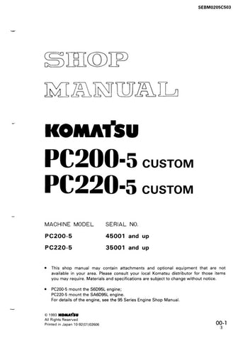 Unlock the full potential of your KOMATSU PC200-5 and PC220-5 excavators with the CUSTOM SHOP MANUAL SEBM0205C503, available in a convenient PDF format. This comprehensive manual provides detailed insights into maintenance, troubleshooting, and repair procedures, ensuring your machinery operates at peak performance. With easy navigation and clear illustrations, this essential resource empowers you to tackle any project with confidence, saving you time and money on costly repairs. Elevate your equipment mana
