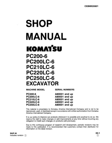 Unlock the full potential of your Komatsu excavator with the comprehensive Shop Manual CEBMX20601, designed specifically for models PC200-6, PC200LC-6, PC210LC-6, PC220LC-6, and PC250LC-6. This PDF file is an essential resource for operators and technicians alike, providing detailed maintenance procedures, troubleshooting tips, and specifications to ensure optimal performance and longevity of your machinery. With easy navigation and clear illustrations, this manual empowers you to tackle repairs and mainten