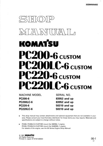 Unlock the full potential of your Komatsu excavator with the KOMATSU PC200-6, PC200LC-6, PC220-6, PC220LC-6 Custom Shop Manual (SEBM005602) in PDF format. This comprehensive manual provides detailed insights into maintenance, troubleshooting, and repair procedures, ensuring your machinery operates at peak performance. With easy navigation and clear illustrations, this digital resource is essential for both seasoned professionals and DIY enthusiasts looking to enhance their understanding and efficiency. Inve