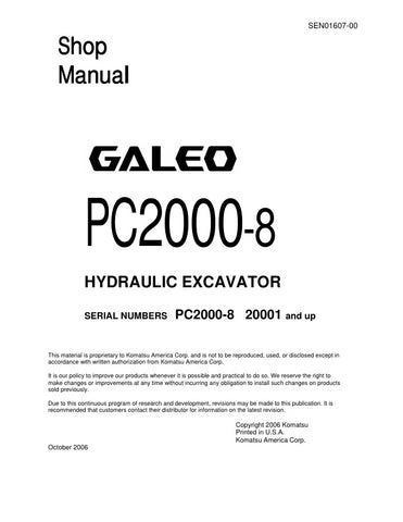 Unlock the full potential of your KOMATSU PC2000-8 with the comprehensive SHOP MANUAL SEN01607-00, designed specifically for models 20001 and up. This PDF file is an essential resource for operators and technicians, providing detailed insights into maintenance, troubleshooting, and repair procedures. With easy navigation and clear illustrations, you can ensure your equipment runs smoothly and efficiently, minimizing downtime and maximizing productivity. Invest in this invaluable manual today and keep your K