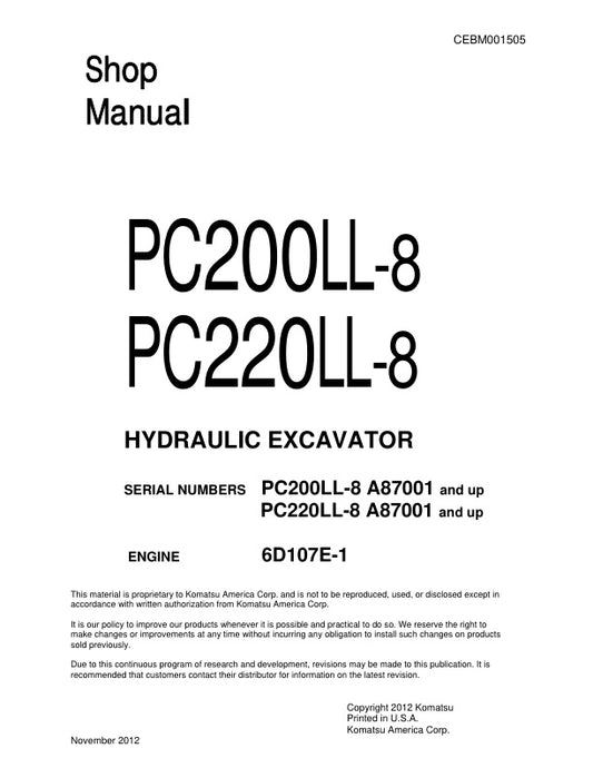 Unlock the full potential of your KOMATSU PC200LL-8 and PC220LL-8 hydraulic excavators with the comprehensive shop manual CEBM001505, available in a convenient PDF format. This essential resource provides detailed diagrams, maintenance tips, and troubleshooting guidance, ensuring you can keep your machinery running smoothly and efficiently. Perfect for both seasoned professionals and DIY enthusiasts, this manual is your go-to guide for maximizing performance and minimizing downtime. Don't miss out on the op