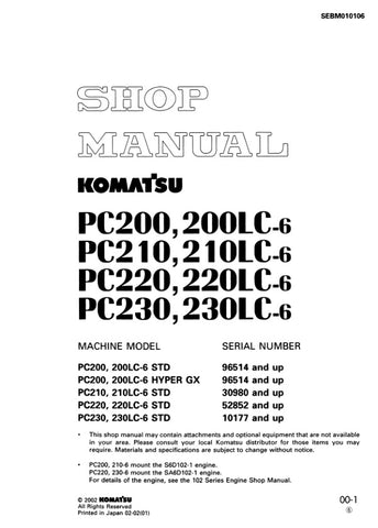 Unlock the full potential of your Komatsu excavator with the comprehensive Shop Manual SEBD010106, designed specifically for models PC200, 200LC-6, PC210, 210LC-6, PC220, 220LC-6, PC230, and 230LC-6. This PDF file is an essential resource for operators and technicians alike, providing detailed maintenance procedures, troubleshooting tips, and specifications to ensure optimal performance and longevity of your machinery. With easy navigation and clear illustrations, this manual empowers you to tackle repairs 