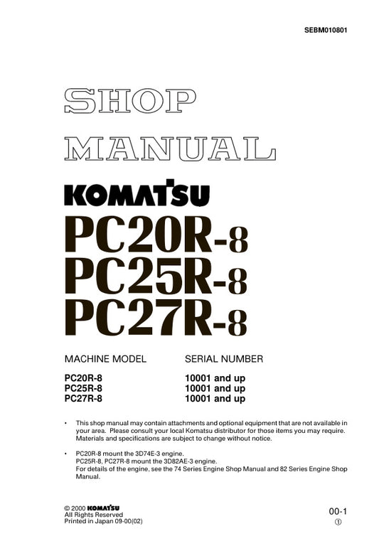 Unlock the full potential of your KOMATSU PC20R-8, PC25R-8, and PC27R-8 excavators with the comprehensive SHOP MANUAL SEBM010801, available as a convenient PDF file. This essential resource provides detailed maintenance guidelines, troubleshooting tips, and repair procedures tailored specifically for models 10001 and up, ensuring you keep your machinery running smoothly and efficiently. With easy navigation and clear illustrations, this manual is a must-have for both professionals and DIY enthusiasts lookin