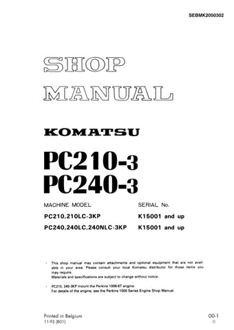 Unlock the full potential of your Komatsu machinery with the comprehensive Shop Manual SEBMK2050302, designed specifically for the PC210-3, PC210LC-3KP, PC240-3, PC240LC, and PC240NLC-3KP models. This PDF file is an essential resource for operators and technicians alike, providing detailed insights into maintenance, troubleshooting, and repair procedures. With clear diagrams and step-by-step instructions, you can ensure optimal performance and longevity of your equipment, saving time and reducing costly dow