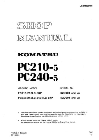 Unlock the full potential of your KOMATSU PC210-5 and PC240-5 excavators with the comprehensive SHOP MANUAL JEBM000106, available as a convenient PDF file. This essential resource provides detailed insights into maintenance, troubleshooting, and repair procedures, ensuring your machinery operates at peak performance. With easy navigation and clear illustrations, this manual is designed for both seasoned professionals and DIY enthusiasts, making it an invaluable addition to your equipment toolkit. Don't miss