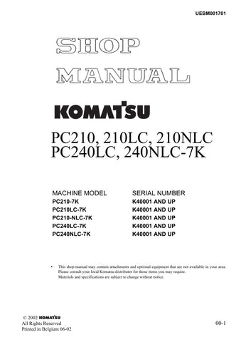 Unlock the full potential of your Komatsu machinery with the comprehensive Shop Manual for models PC210-7K, PC210LC-7K, PC210-NLC-7K, PC240LC-7K, and PC240NLC-7K (K40001 & UP). This PDF file is an essential resource for operators and technicians, providing detailed insights into maintenance, troubleshooting, and repair procedures. With clear diagrams and step-by-step instructions, you can ensure optimal performance and longevity of your equipment, making it a must-have for anyone looking to enhance their op