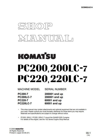 Unlock the full potential of your Komatsu excavator with the KOMATSU PC220-7, PC220LC-7, PC200-7, PC200LC-7 Shop Manual (SEBM024314) in PDF format. This comprehensive guide provides detailed insights into maintenance, troubleshooting, and repair procedures, ensuring your machinery operates at peak performance. With easy navigation and clear illustrations, this manual is an essential resource for both professionals and DIY enthusiasts looking to enhance their understanding and efficiency. Invest in your equi