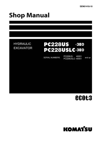 Unlock the full potential of your KOMATSU PC228US-3E0 and PC228USLC-3E0 hydraulic excavators with the comprehensive SEN01418-10 shop manual, available in a convenient PDF format. This essential resource provides detailed diagrams, maintenance tips, and troubleshooting guidance, ensuring your machinery operates at peak performance. Whether you're a seasoned technician or a DIY enthusiast, this manual is designed to enhance your understanding and efficiency, making repairs and maintenance straightforward and 