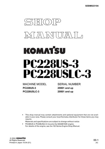 Discover the ultimate resource for your Komatsu PC228US-3 and PC228USLC-3 excavators with the comprehensive Shop Manual SEBM023104. This PDF file is meticulously designed to provide you with detailed insights into maintenance, troubleshooting, and repair procedures, ensuring your machinery operates at peak performance. With easy navigation and clear illustrations, this manual is an essential tool for both professionals and DIY enthusiasts, empowering you to tackle any project with confidence. Enhance your 