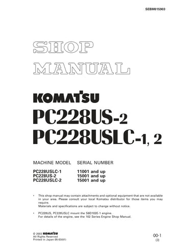 Unlock the full potential of your Komatsu PC228USLC-1, PC228US-2, and PC228USLC-2 excavators with the comprehensive SHOP MANUAL SEBM015903, available in a convenient PDF format. This detailed manual provides essential insights into maintenance, troubleshooting, and repair procedures, ensuring your machinery operates at peak performance. With easy navigation and clear illustrations, you can quickly find the information you need to keep your equipment running smoothly and efficiently. Invest in this invaluabl