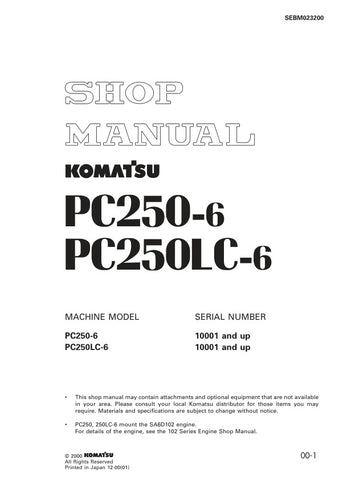 Unlock the full potential of your KOMATSU PC250-6 and PC250LC-6 excavators with the comprehensive Shop Manual SEBM023200, available in a convenient PDF format. This essential resource provides detailed insights into maintenance, troubleshooting, and repair procedures, ensuring your machinery operates at peak performance. With easy navigation and clear illustrations, this manual is designed for both seasoned professionals and DIY enthusiasts, making it an invaluable addition to your equipment toolkit. Don't 