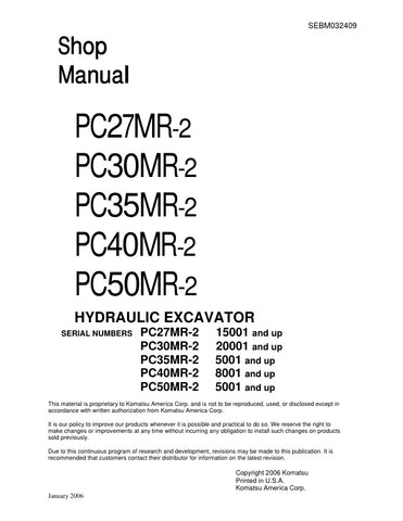 Unlock the full potential of your KOMATSU hydraulic excavators with the comprehensive shop manual SEBM032409, available in a convenient PDF format. This essential resource covers models PC27MR-2, PC30MR-2, PC35MR-2, PC40MR-2, and PC50MR-2, providing detailed insights into maintenance, troubleshooting, and repair procedures. With clear diagrams and step-by-step instructions, this manual ensures you can keep your equipment running smoothly and efficiently, ultimately saving you time and money on repairs. Don'