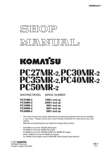 Unlock the full potential of your Komatsu mini excavators with the comprehensive SHOP MANUAL SEBM032411, available in a convenient PDF format. This essential guide covers models PC27MR-2, PC30MR-2, PC35MR-2, PC40MR-2, and PC50MR-2, providing detailed insights into maintenance, troubleshooting, and repair procedures. With easy navigation and clear illustrations, this manual ensures you can keep your equipment running smoothly and efficiently, saving you time and money on costly repairs. Invest in your machin