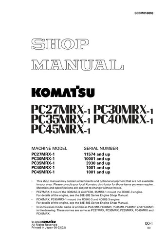 Unlock the full potential of your Komatsu machinery with the comprehensive SHOP MANUAL SEBM016808, available in a convenient PDF format. This essential guide covers the PC27MRX-1, PC30MRX-1, PC35MRX-1, PC40MRX-1, and PC45MRX-1 models, providing detailed insights into maintenance, troubleshooting, and repair procedures. With easy navigation and clear illustrations, this manual ensures you can keep your equipment running smoothly and efficiently, ultimately saving you time and money on repairs. Don't miss out