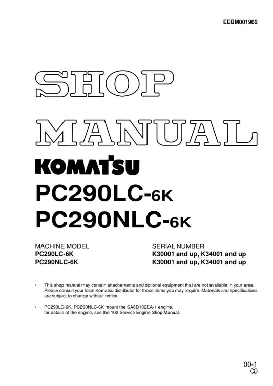 Unlock the full potential of your KOMATSU PC290LC-6K and PC290NLC-6K excavators with the comprehensive SHOP MANUAL EEBM001902, available in a convenient PDF format. This essential guide provides detailed insights into maintenance, troubleshooting, and repair procedures, ensuring your machinery operates at peak performance. With easy navigation and clear illustrations, this manual is an invaluable resource for both seasoned professionals and DIY enthusiasts, helping you save time and reduce downtime on the j