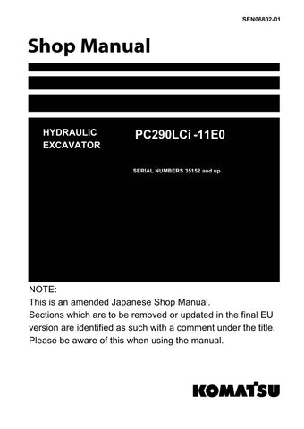 Unlock the full potential of your KOMATSU PC290LCI-11E0 hydraulic excavator with the comprehensive SEN06802-01 shop manual, available in a convenient PDF format. This essential resource provides detailed diagrams, maintenance tips, and troubleshooting guidance, ensuring you can keep your equipment running smoothly and efficiently. Perfect for both seasoned professionals and DIY enthusiasts, this manual is your go-to guide for maximizing performance and minimizing downtime. Don't miss out on the opportunity 