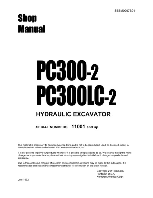 Unlock the full potential of your KOMATSU PC300-2 and PC300LC-2 hydraulic excavators with the comprehensive SEBM0207B01 shop manual in PDF format. This essential resource provides detailed schematics, maintenance guidelines, and troubleshooting tips, ensuring you can keep your machinery running smoothly and efficiently. Perfect for both seasoned professionals and DIY enthusiasts, this manual is your go-to guide for maximizing performance and minimizing downtime. Invest in your equipment's longevity and reli
