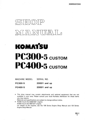  Unlock the full potential of your KOMATSU PC300-5 and PC400-5 machinery with the comprehensive SHOP MANUAL SEBM0207C503, available in a convenient PDF format. This essential resource, designed for models 20001 and up, provides detailed insights into maintenance, troubleshooting, and repair procedures, ensuring your equipment operates at peak performance. With easy navigation and clear illustrations, this manual is a must-have for professionals seeking to enhance their operational efficiency and reduce down