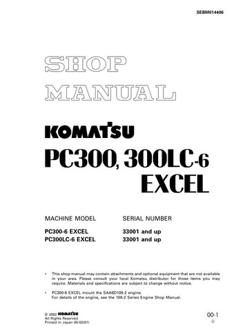Unlock the full potential of your Komatsu PC300-6 EXCEL and PC300LC-6 EXCEL excavators with the comprehensive SHOP MANUAL SEBM014406, available as a convenient PDF file. This essential resource provides detailed insights into maintenance, troubleshooting, and repair procedures, ensuring your machinery operates at peak performance. With easy navigation and clear illustrations, this manual is designed for both seasoned professionals and DIY enthusiasts, making it an invaluable addition to your equipment toolk