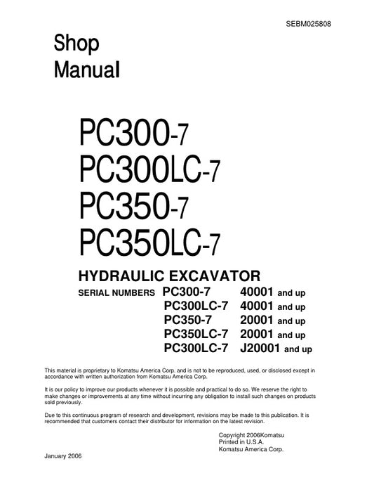 Unlock the full potential of your KOMATSU PC300-7, PC300LC-7, PC350-7, and PC350LC-7 hydraulic excavators with the comprehensive shop manual SEBM025808, available in a convenient PDF format. This essential resource provides detailed diagrams, maintenance tips, and troubleshooting guidance, ensuring you can keep your machinery running smoothly and efficiently. Perfect for both seasoned professionals and DIY enthusiasts, this manual is your go-to guide for maximizing performance and minimizing downtime. Inves