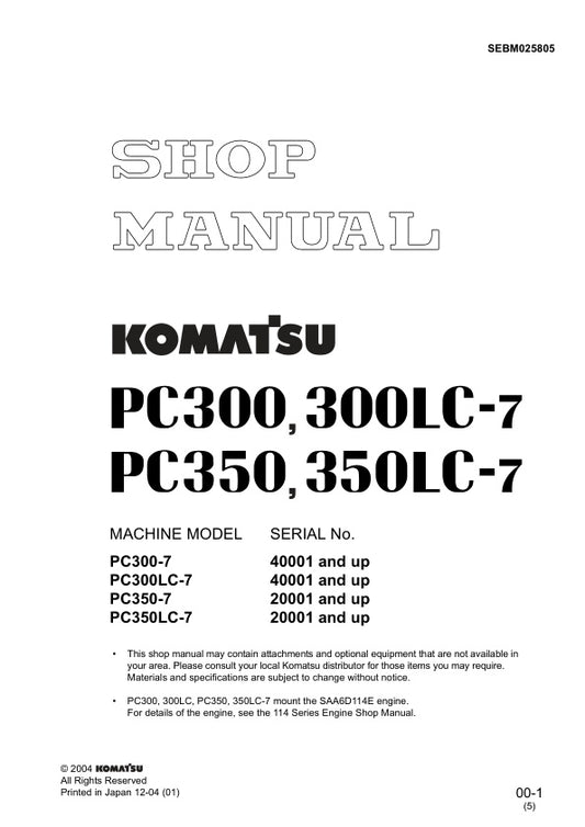 Discover the ultimate resource for your Komatsu excavators with the KOMATSU PC300-7, PC300LC-7, PC350-7, and PC350LC-7 Shop Manual SEBM025805 in PDF format. This comprehensive manual provides detailed insights into maintenance, troubleshooting, and repair procedures, ensuring your machinery operates at peak performance. With easy navigation and clear illustrations, you can quickly find the information you need to keep your equipment running smoothly. Invest in this essential guide today and enhance your ope