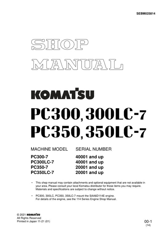 Unlock the full potential of your Komatsu excavator with the KOMATSU PC300-7, PC300LC-7, PC350-7, PC350LC-7 Shop Manual SEBM025814 in PDF format. This comprehensive manual provides detailed insights into maintenance, troubleshooting, and repair procedures, ensuring your machinery operates at peak performance. With easy navigation and clear illustrations, this digital resource is essential for both seasoned professionals and DIY enthusiasts looking to enhance their understanding and efficiency. Invest in you