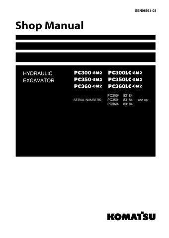 Unlock the full potential of your KOMATSU hydraulic excavators with the comprehensive SHOP MANUAL SEN06931-03, designed specifically for models PC300-8M2, PC300LC-8M2, PC350-8M2, PC350LC-8M2, PC360-8M2, and PC360LC-8M2. This PDF file is an essential resource for operators and technicians, providing detailed insights into maintenance, troubleshooting, and repair procedures. With clear diagrams and step-by-step instructions, you can ensure optimal performance and longevity of your equipment, making it a must-