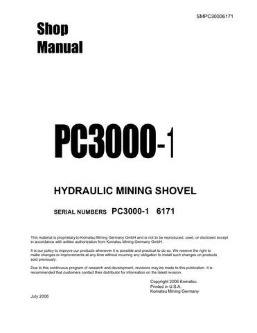 Unlock the full potential of your KOMATSU PC3000-1 hydraulic mining shovel with the comprehensive SMPC30006171 shop manual. This PDF file is an essential resource for operators and maintenance professionals, providing detailed insights into the machine's specifications, maintenance procedures, and troubleshooting tips. Enhance your operational efficiency and ensure optimal performance with this user-friendly guide, designed to keep your equipment running smoothly and effectively. Don't miss out on the oppor