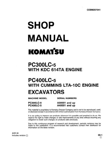 Unlock the full potential of your KOMATSU PC300LC-5 and PC400LC-5 excavators with the comprehensive CEBM207041 Shop Manual, available in a convenient PDF format. This essential resource provides detailed schematics, maintenance guidelines, and troubleshooting tips, ensuring your machinery operates at peak performance. Perfect for both seasoned professionals and DIY enthusiasts, this manual is your go-to guide for efficient repairs and upkeep, ultimately saving you time and money on costly repairs. Don't mis
