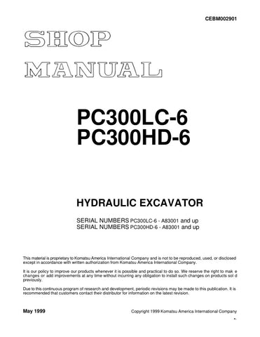 Unlock the full potential of your KOMATSU PC300LC-6 and PC300HD-6 excavators with the comprehensive Hydraulic Excavator Shop Manual (CEBM002901). This PDF file is an essential resource for operators and technicians, providing detailed insights into maintenance, troubleshooting, and repair procedures. With clear diagrams and step-by-step instructions, you can ensure optimal performance and longevity of your machinery, saving time and reducing costly downtime. Invest in this manual today to enhance your opera