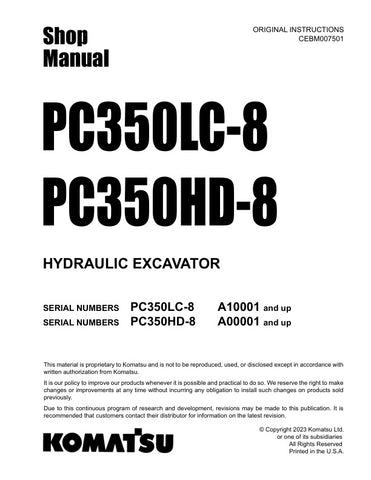 Unlock the full potential of your KOMATSU PC350LC-8 and PC350HD-8 excavators with the comprehensive Hydraulic Excavator Shop Manual (CEBM007501) in PDF format. This essential resource provides detailed schematics, maintenance guidelines, and troubleshooting tips, ensuring your machinery operates at peak performance. Perfect for both seasoned professionals and DIY enthusiasts, this manual is your go-to guide for efficient repairs and upkeep, helping you save time and money while extending the life of your eq