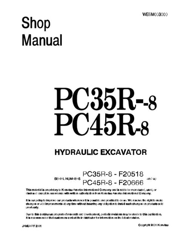 Unlock the full potential of your KOMATSU PC35R-8 and PC45R-8 hydraulic excavators with the comprehensive WEBM003000 shop manual. This PDF file is an essential resource for operators and technicians, providing detailed diagrams, maintenance tips, and troubleshooting guidance to ensure optimal performance and longevity of your equipment. With easy navigation and clear instructions, you can confidently tackle repairs and maintenance tasks, saving time and reducing downtime. Invest in this invaluable manual to
