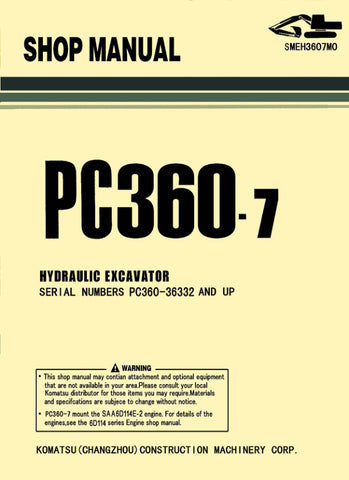 Unlock the full potential of your KOMATSU PC360-7 hydraulic excavator with the comprehensive SMEH3607M0 shop manual, available in a convenient PDF format. This essential resource provides detailed schematics, maintenance guidelines, and troubleshooting tips specifically designed for models 36332 and up, ensuring you can keep your equipment running smoothly and efficiently. With easy navigation and clear instructions, this manual is a must-have for operators and technicians looking to enhance their knowledge