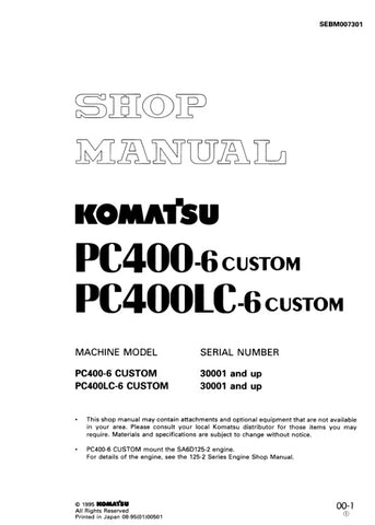 Unlock the full potential of your KOMATSU PC400-6 and PC400LC-6 with the comprehensive Custom Shop Manual SEBM007301, available in a convenient PDF format. This essential resource provides detailed insights into maintenance, troubleshooting, and repair procedures, ensuring your machinery operates at peak performance. With easy navigation and clear illustrations, this manual is designed for both seasoned professionals and DIY enthusiasts, making it an invaluable addition to your equipment toolkit. Don't miss