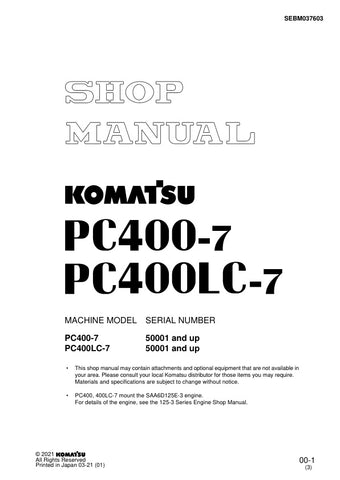 Unlock the full potential of your KOMATSU PC400-7 and PC400LC-7 excavators with the comprehensive SHOP MANUAL SEBM037603, available as a convenient PDF file. This detailed manual provides essential information for maintenance, troubleshooting, and repair, ensuring your machinery operates at peak performance. With easy navigation and clear illustrations, you can quickly find the guidance you need to keep your equipment running smoothly. Invest in this invaluable resource today and enhance your operational ef