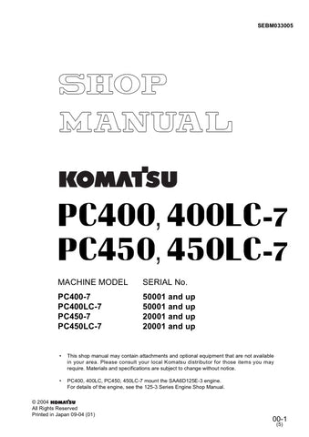 Unlock the full potential of your Komatsu machinery with the KOMATSU PC400-7, PC400LC-7, PC450-7, and PC450LC-7 Shop Manual SEBM033005, available in a convenient PDF format. This comprehensive manual provides detailed insights into maintenance, troubleshooting, and repair procedures, ensuring your equipment operates at peak performance. With easy navigation and clear illustrations, you can quickly find the information you need to keep your machines running smoothly and efficiently. Invest in this essential 